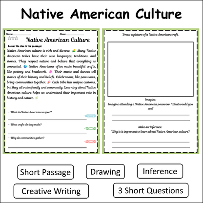 Native American Culture | Short Reading Comprehension Creative Worksheet