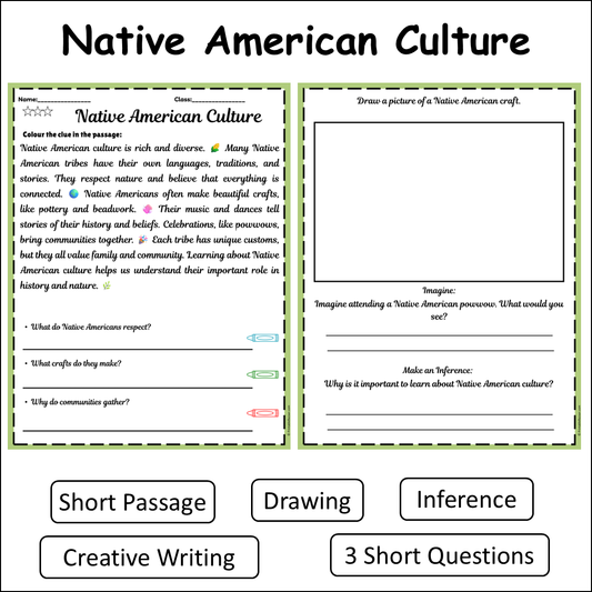 Native American Culture | Short Reading Comprehension Creative Worksheet