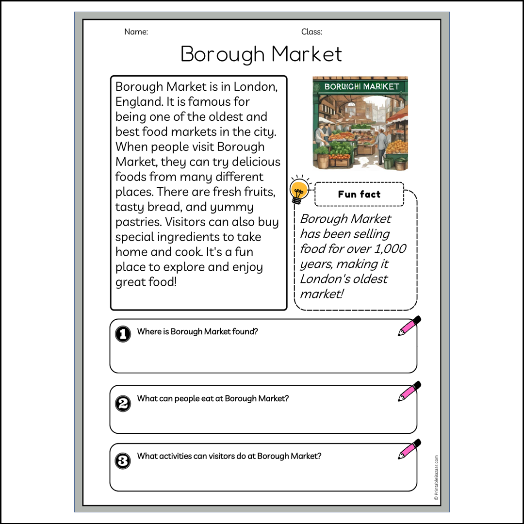 Borough Market | Reading Passage Comprehension Questions Writing Facts Worksheet