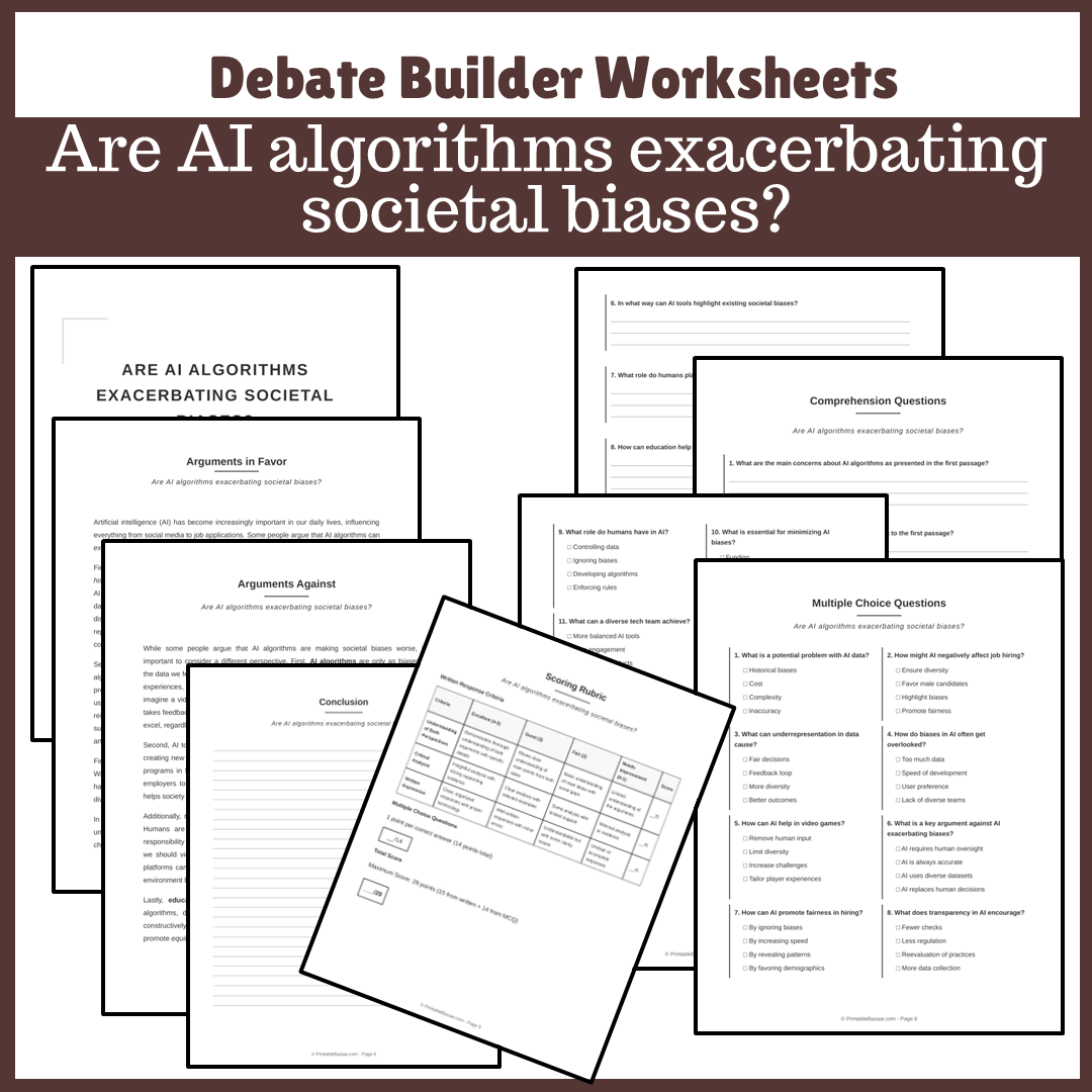 Are AI algorithms exacerbating societal biases? | Favour and Against Worksheet Printable Activity