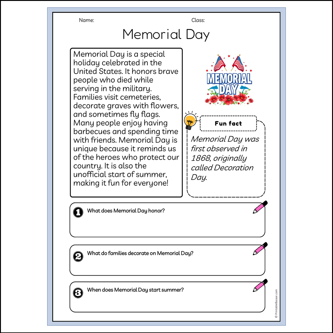 Memorial Day | Reading Passage Comprehension Questions Writing Facts Worksheet