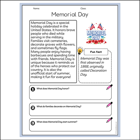 Memorial Day | Reading Passage Comprehension Questions Writing Facts Worksheet