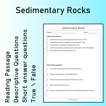 Sedimentary Rocks | Reading Comprehension Passage Printable Worksheet