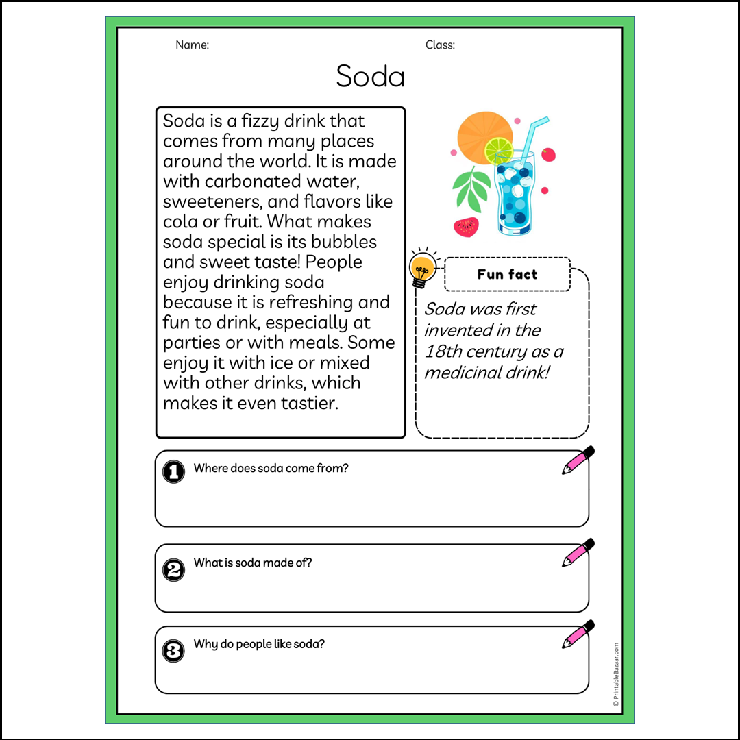 Soda | Reading Passage Comprehension Questions Writing Facts Worksheet