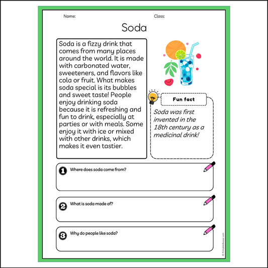 Soda | Reading Passage Comprehension Questions Writing Facts Worksheet