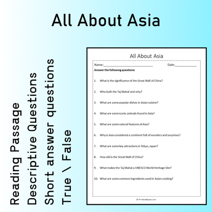 All About Asia | Reading Comprehension Passage Printable Worksheet