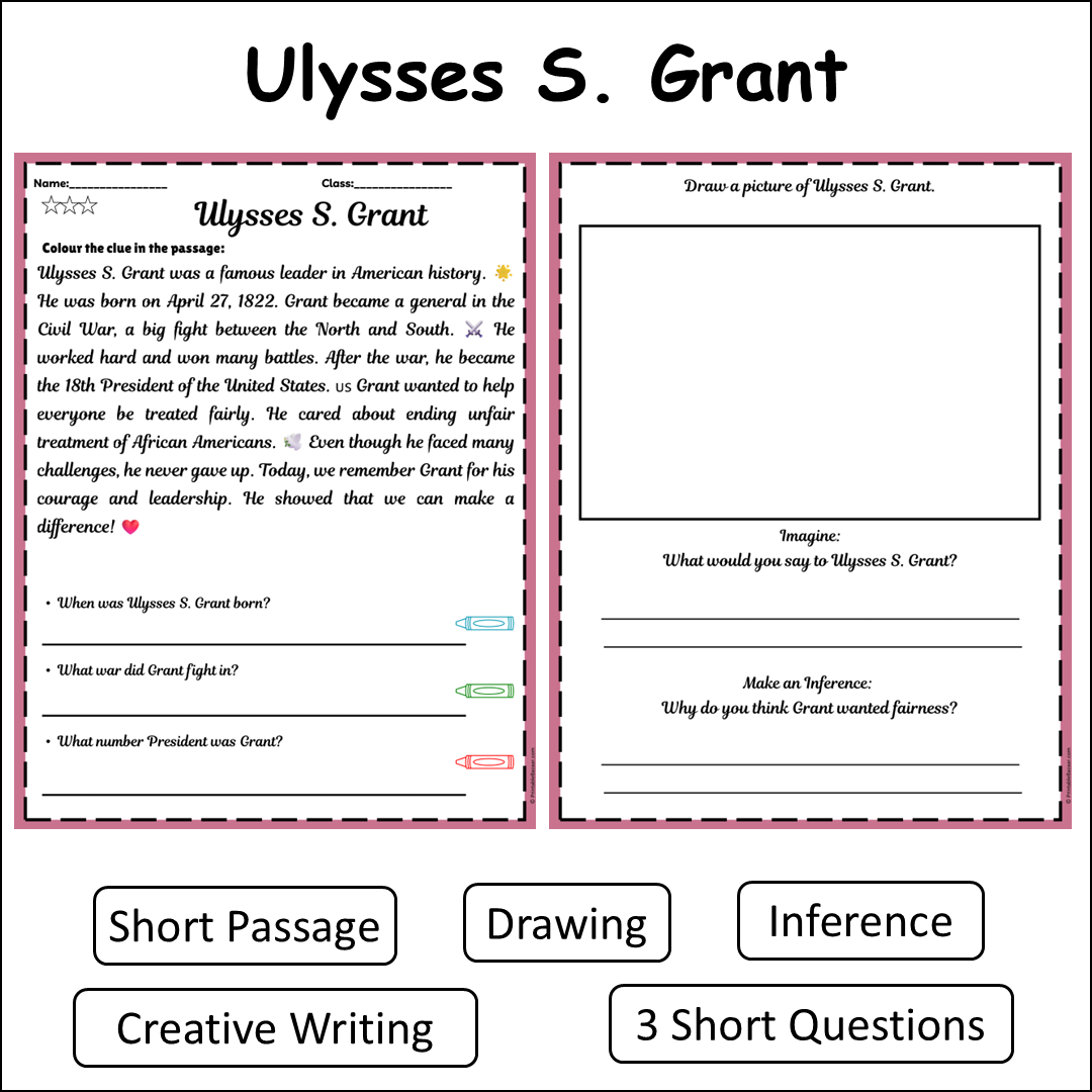 Ulysses S. Grant | Short Reading Comprehension Creative Worksheet
