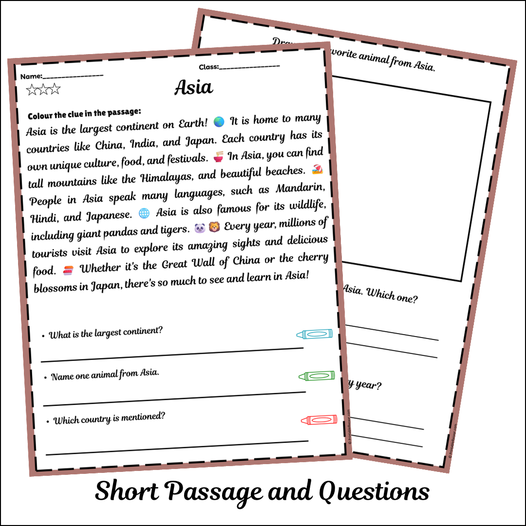 Asia | Short Reading Comprehension Creative Worksheet