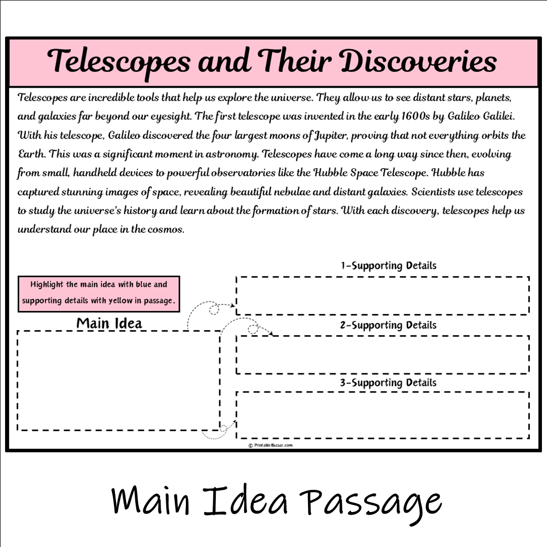 Telescopes and Their Discoveries | Main Idea and Supporting Details Reading Passage and Questions