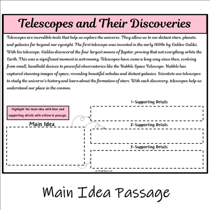 Telescopes and Their Discoveries | Main Idea and Supporting Details Reading Passage and Questions