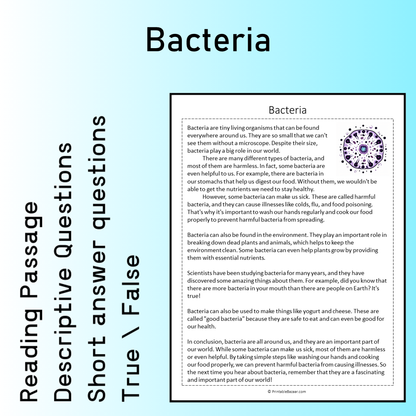 Bacteria | Reading Comprehension Passage Printable Worksheet
