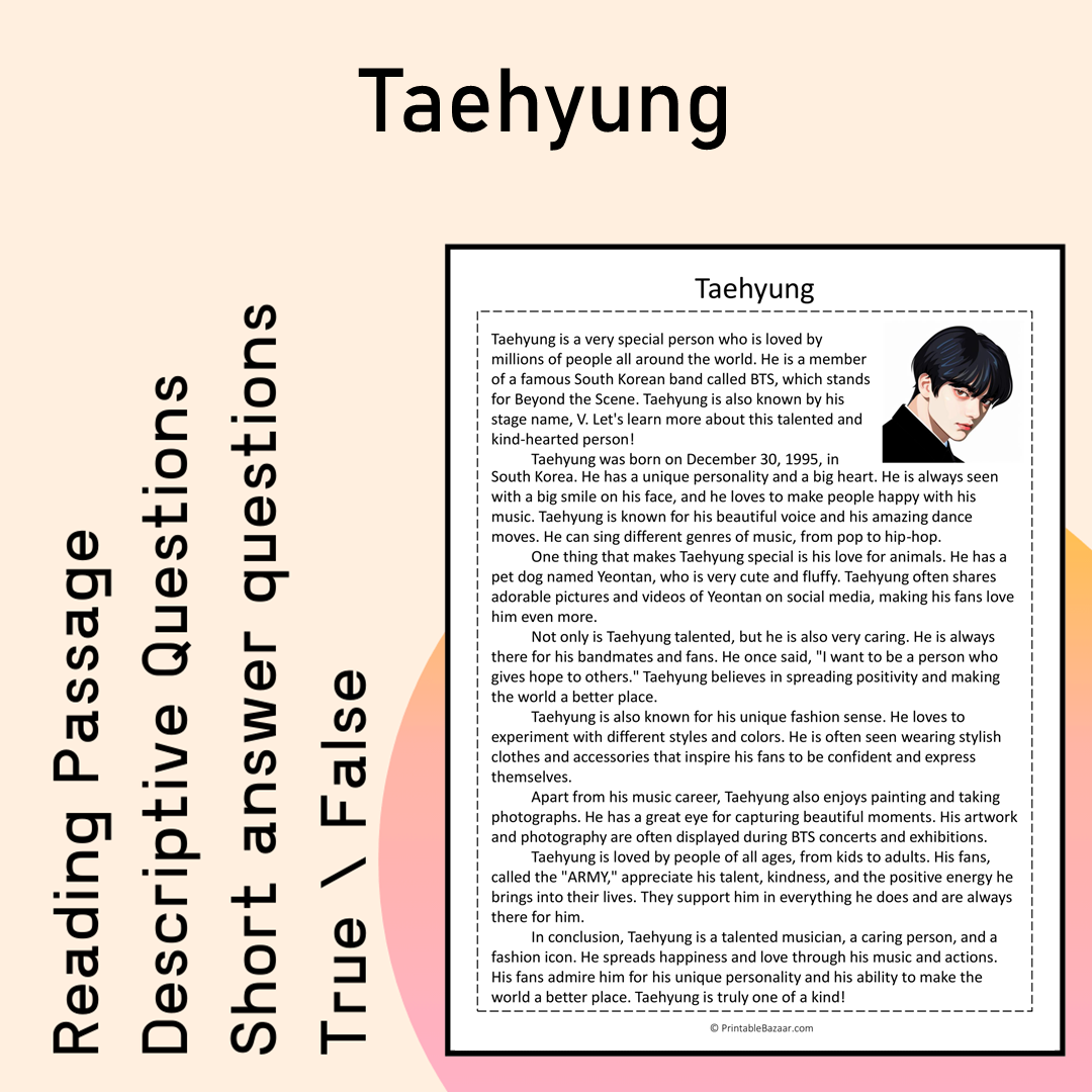 Taehyung | Reading Comprehension Passage Printable Activity