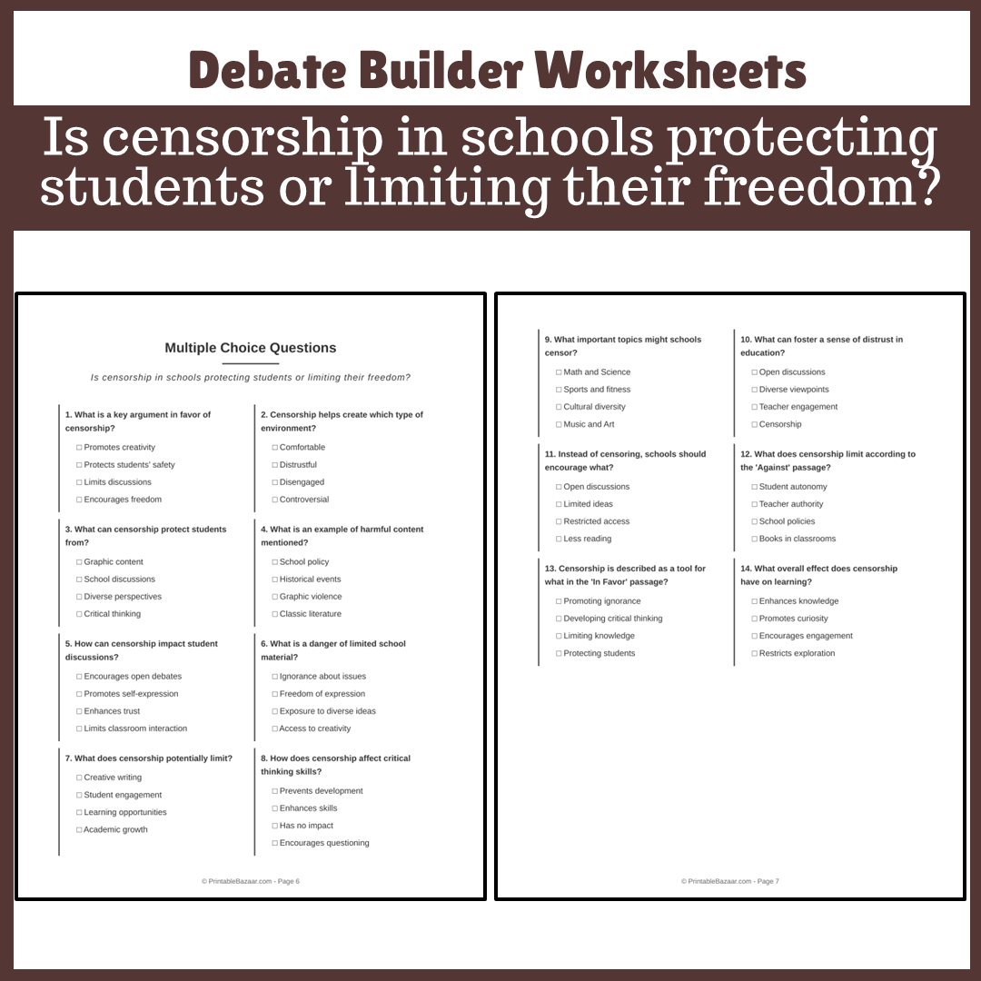 Is censorship in schools protecting students or limiting their freedom? | Favour and Against Worksheet Printable Activity
