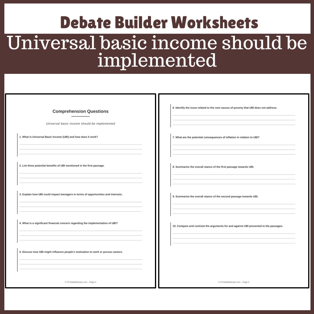 Universal basic income should be implemented | Favour and Against Worksheet Printable Activity