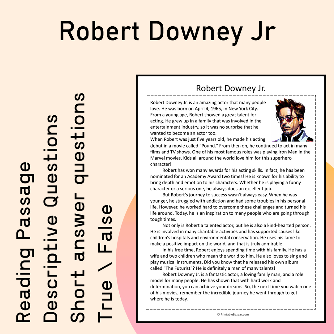 Robert Downey Jr | Reading Comprehension Passage Printable Activity