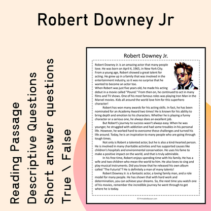 Robert Downey Jr | Reading Comprehension Passage Printable Activity
