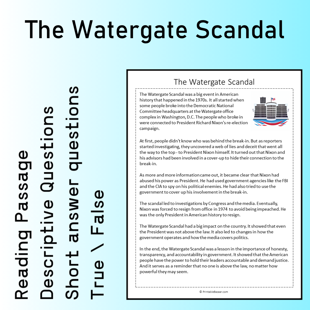 The Watergate Scandal | Reading Comprehension Passage Printable Worksheet