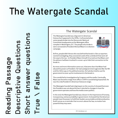 The Watergate Scandal | Reading Comprehension Passage Printable Worksheet