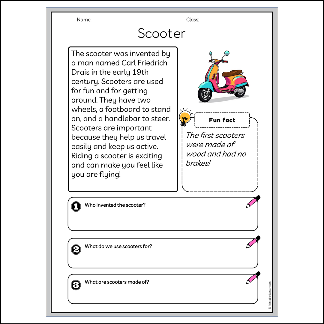 Scooter | Reading Passage Comprehension Questions Writing Facts Worksheet