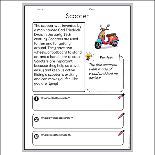 Scooter | Reading Passage Comprehension Questions Writing Facts Worksheet