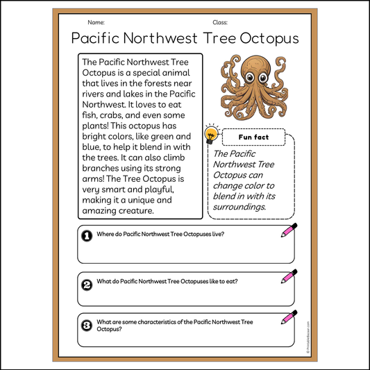 Pacific Northwest Tree Octopus | Reading Passage Comprehension Questions Writing Facts Worksheet