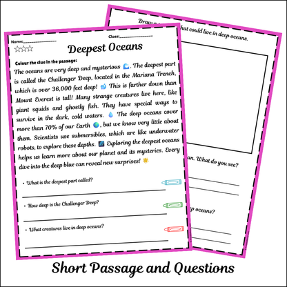 Deepest Oceans | Short Reading Comprehension Creative Worksheet