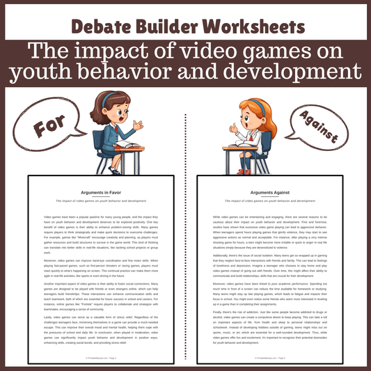 The impact of video games on youth behavior and development | Favour and Against Worksheet Printable Activity