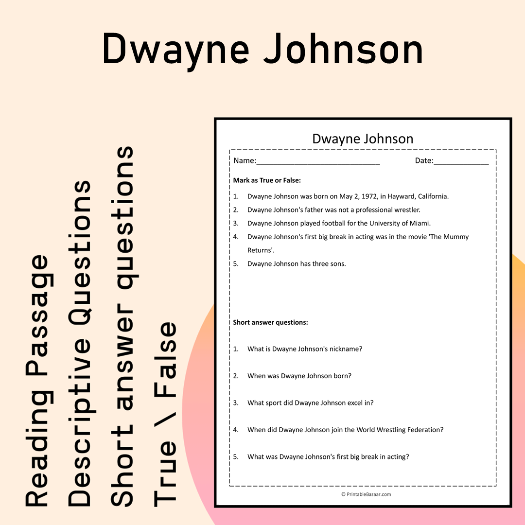 Dwayne Johnson | Reading Comprehension Passage Printable Activity