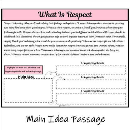 What Is Respect | Main Idea and Supporting Details Reading Passage and Questions