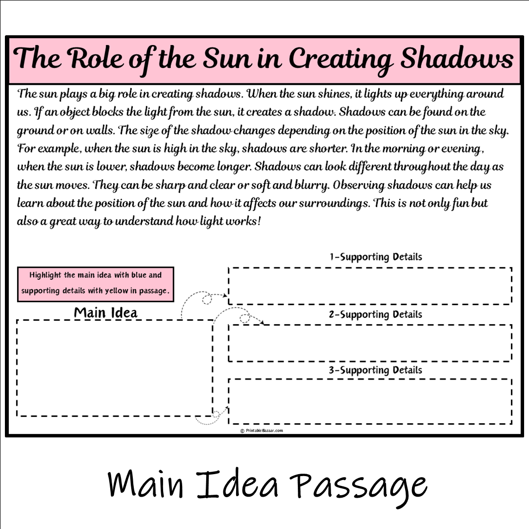 The Role of the Sun in Creating Shadows | Main Idea and Supporting Details Reading Passage and Questions