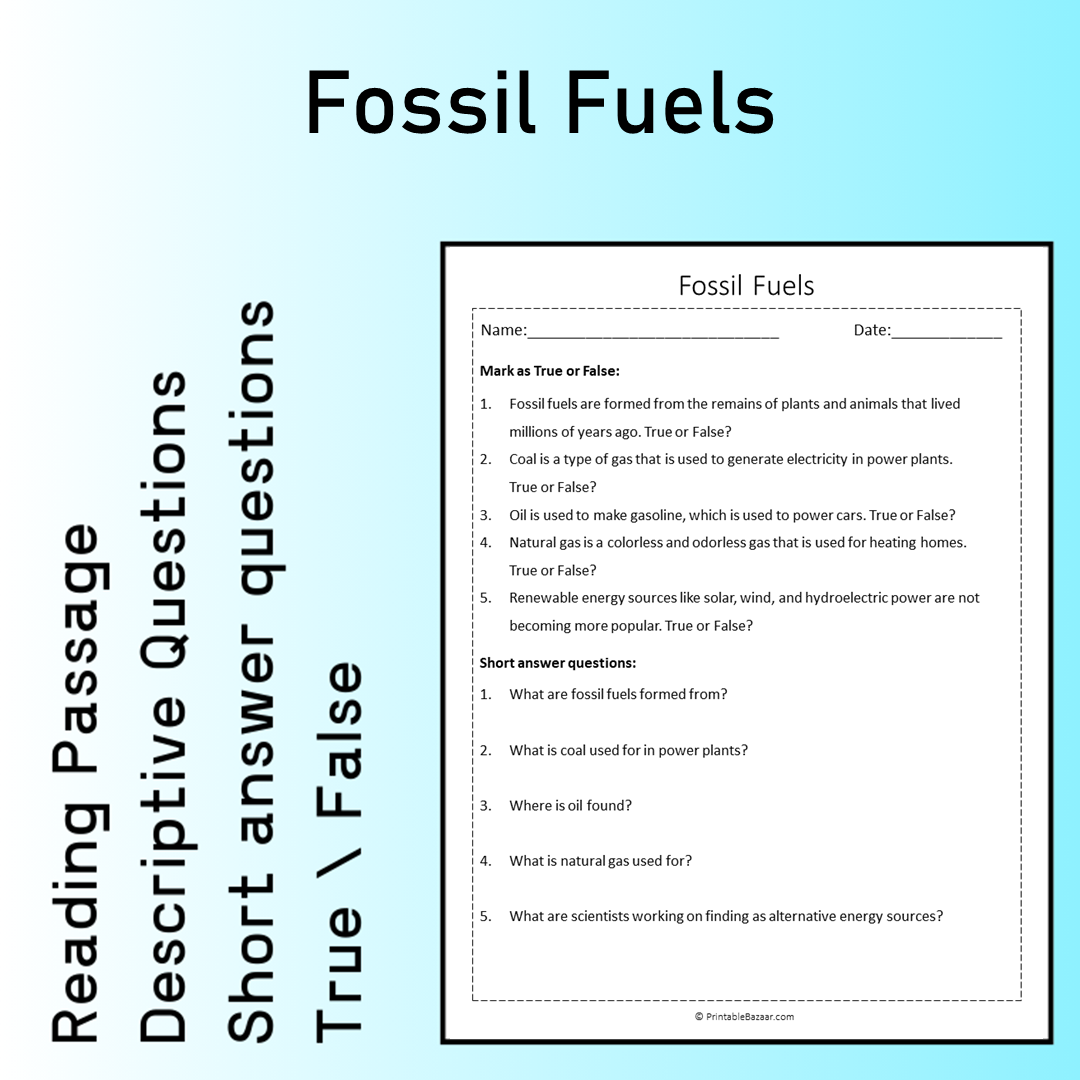 Fossil Fuels | Reading Comprehension Passage Printable Worksheet