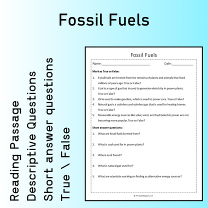 Fossil Fuels | Reading Comprehension Passage Printable Worksheet