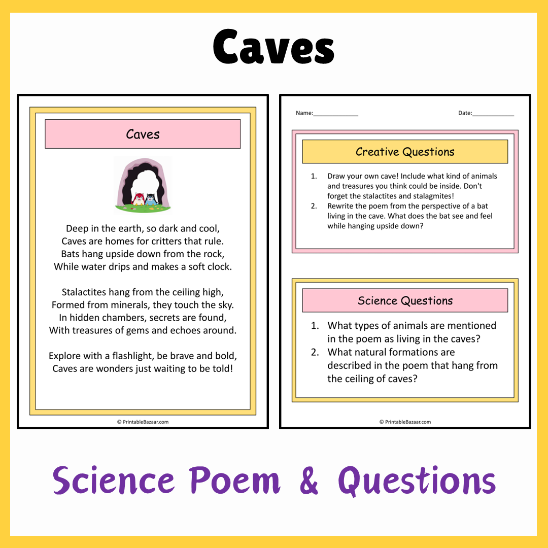 Caves | Science Poem Reading Comprehension Activity