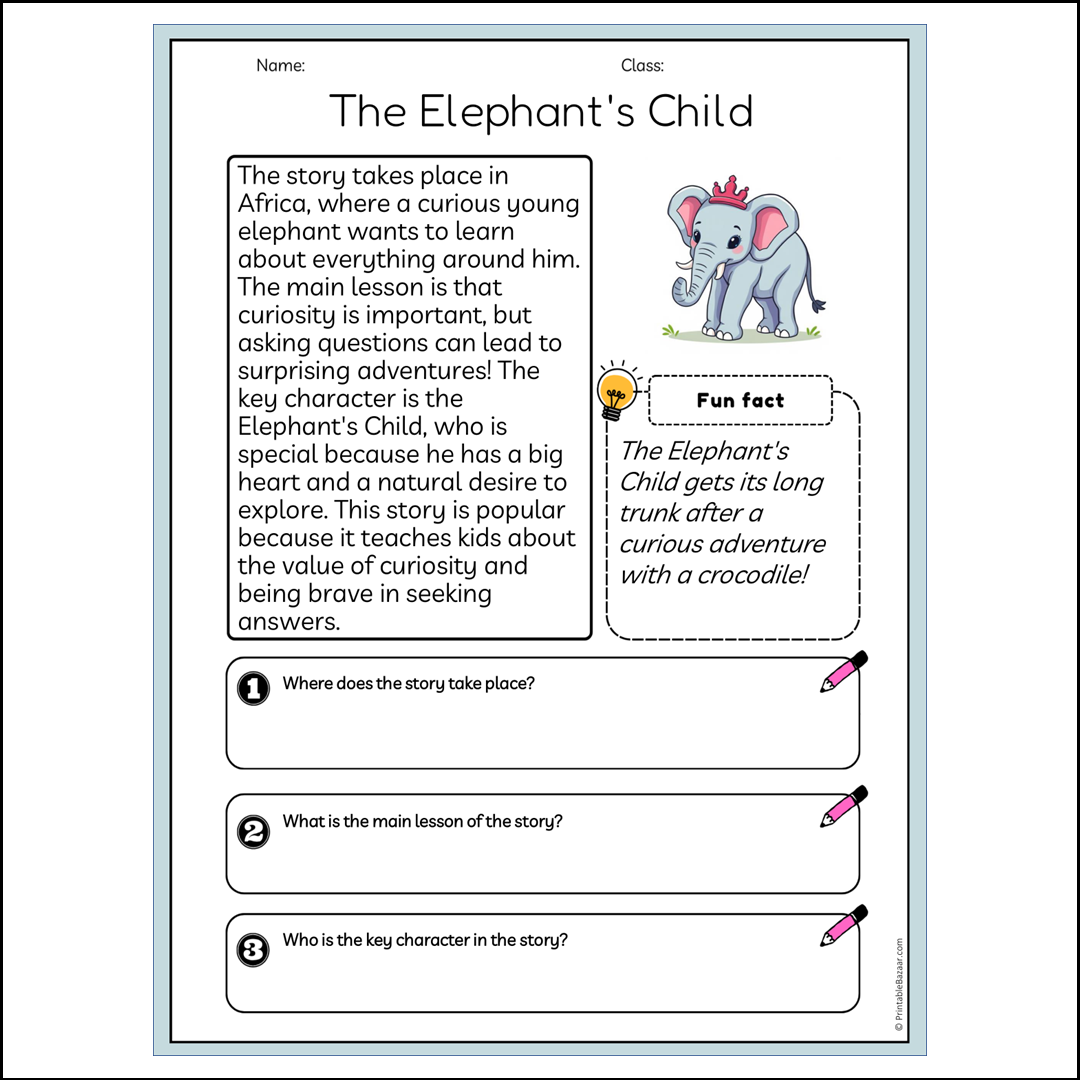 The Elephant's Child | Reading Passage Comprehension Questions Writing Facts Worksheet