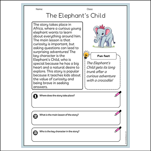 The Elephant's Child | Reading Passage Comprehension Questions Writing Facts Worksheet