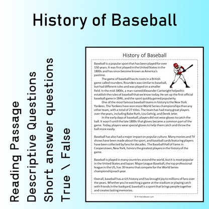 History of Baseball | Reading Comprehension Passage Printable Worksheet