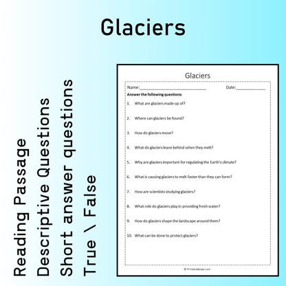 Glaciers | Reading Comprehension Passage Printable Worksheet