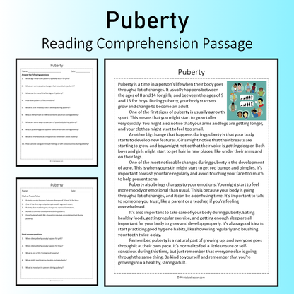 Puberty | Reading Comprehension Passage Printable Worksheet
