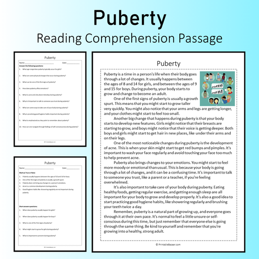 Puberty | Reading Comprehension Passage Printable Worksheet