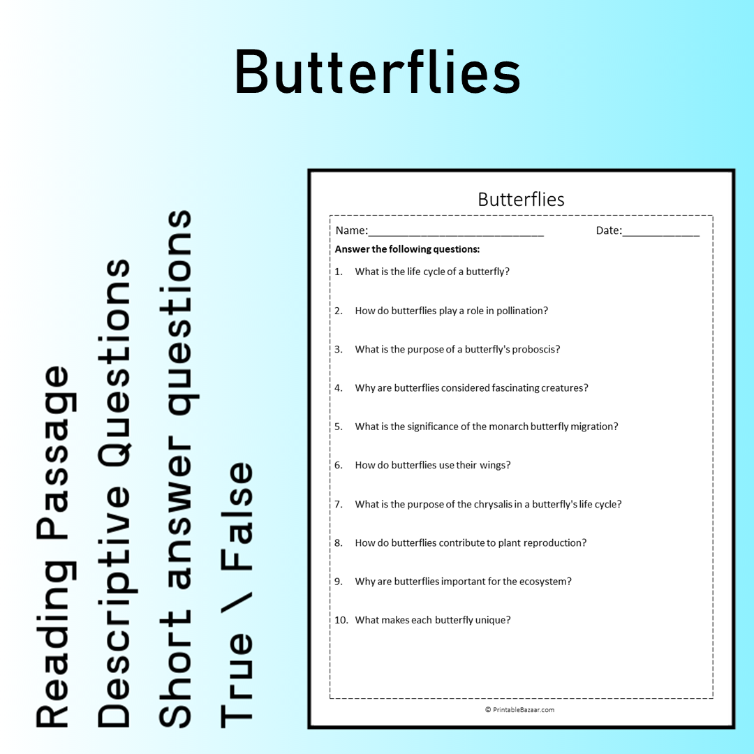 Butterflies | Reading Comprehension Passage Printable Worksheet
