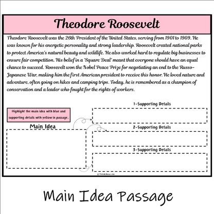 Theodore Roosevelt | Main Idea and Supporting Details Reading Passage and Questions