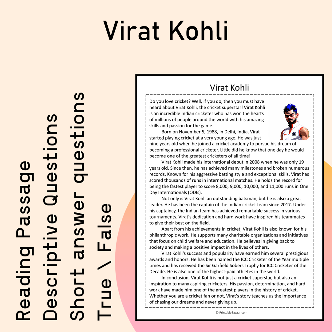 Virat Kohli | Reading Comprehension Passage Printable Activity