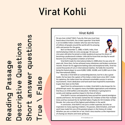 Virat Kohli | Reading Comprehension Passage Printable Activity