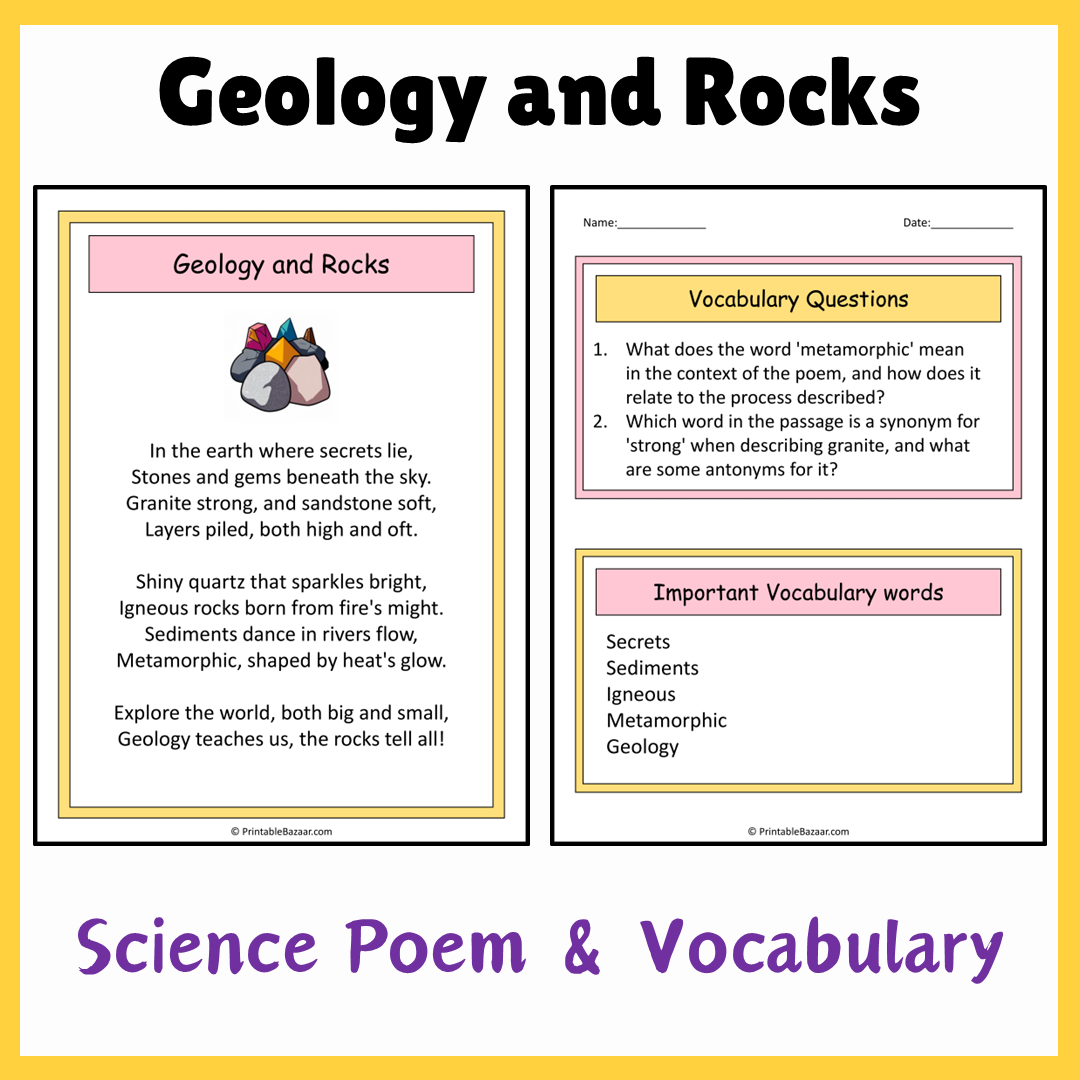 Geology and Rocks | Science Poem Reading Comprehension Activity