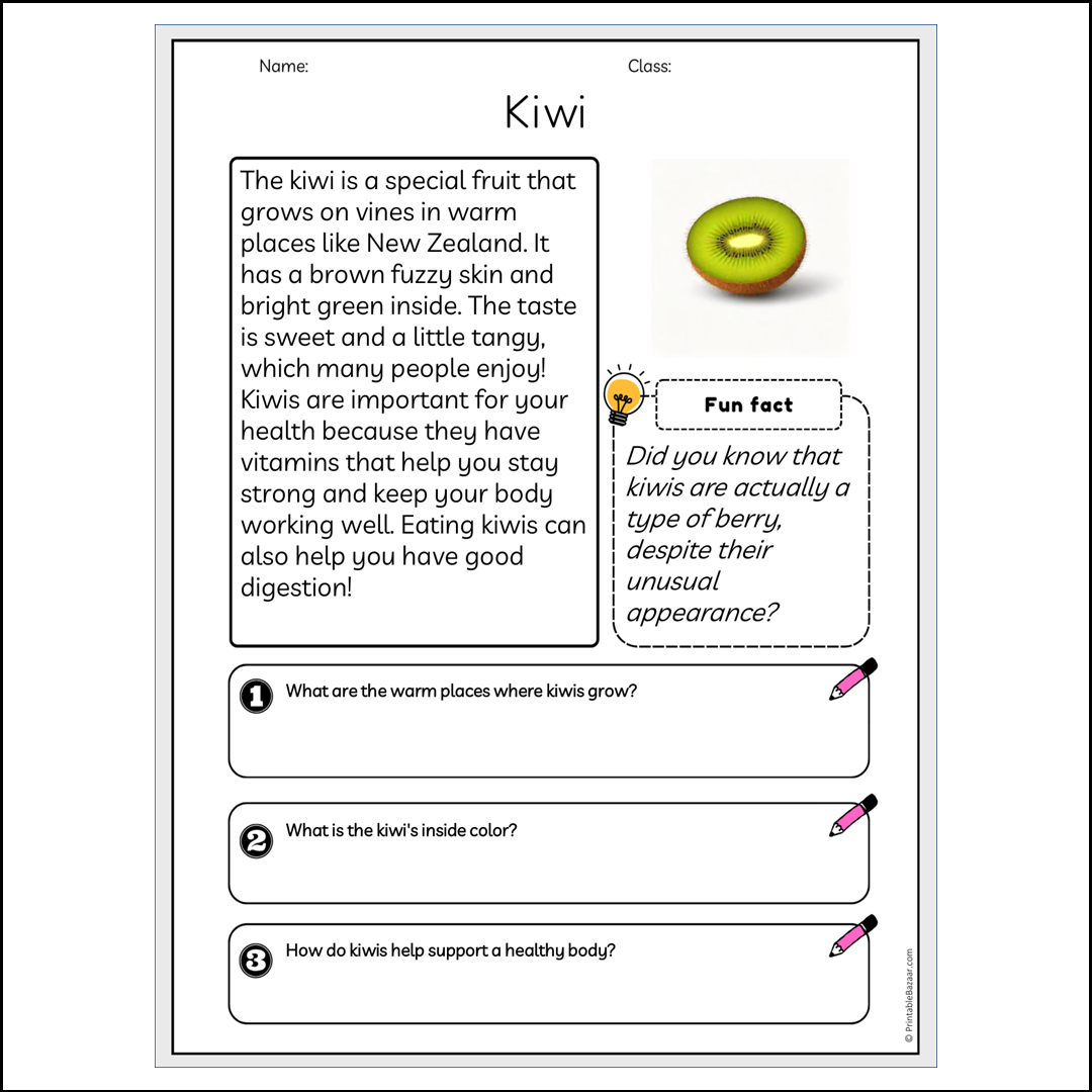 Kiwi | Reading Passage Comprehension Questions Writing Facts Worksheet