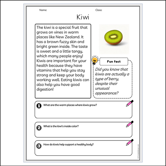 Kiwi | Reading Passage Comprehension Questions Writing Facts Worksheet