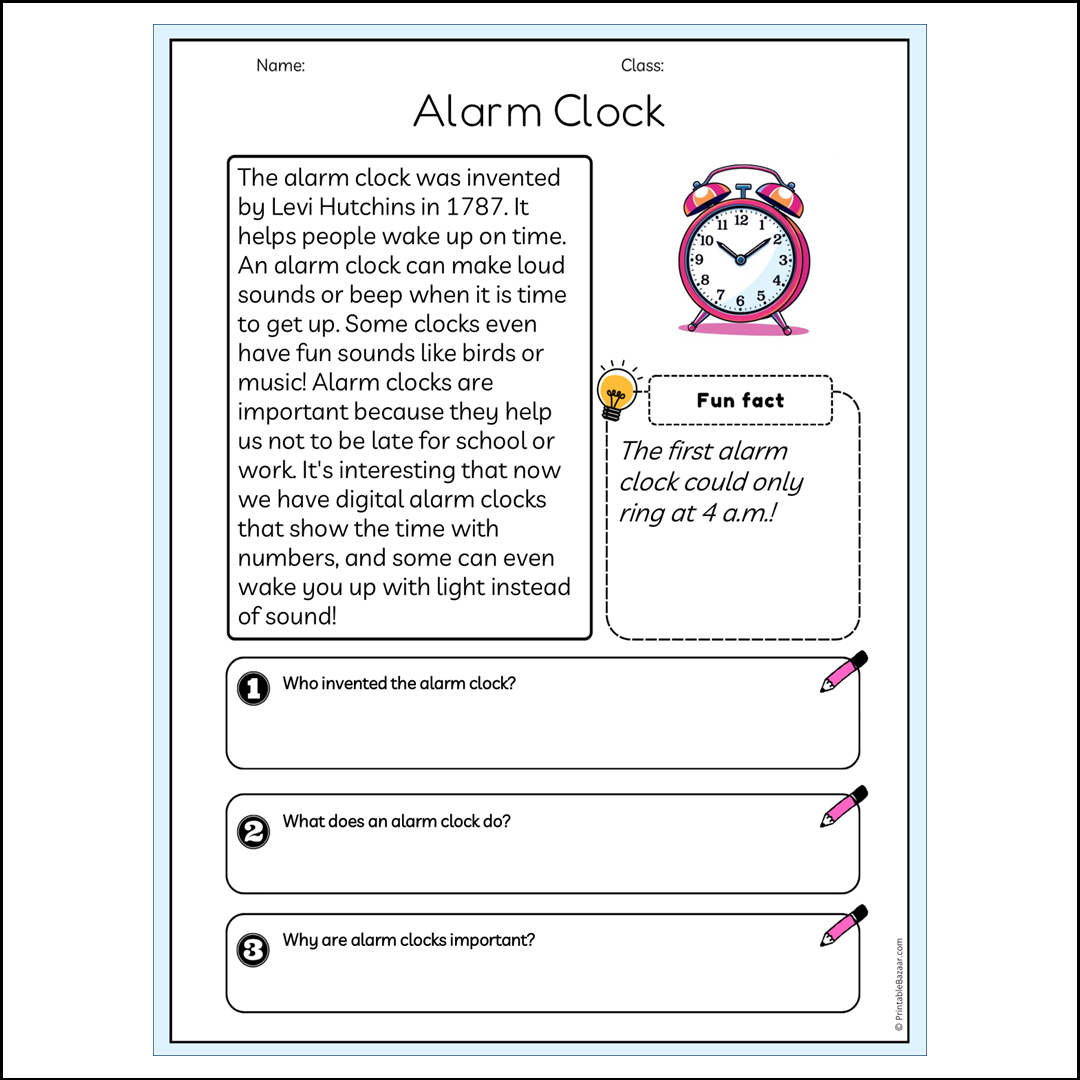 Alarm Clock | Reading Passage Comprehension Questions Writing Facts Worksheet