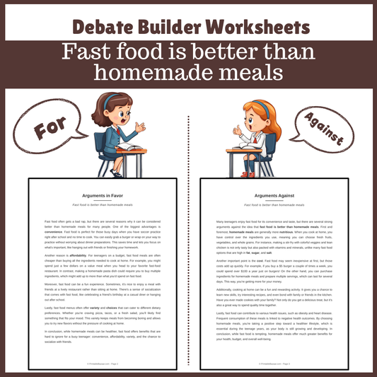 Fast food is better than homemade meals | Favour and Against Worksheet Printable Activity
