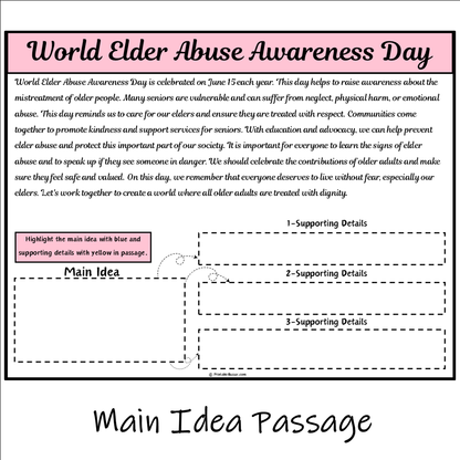 World Elder Abuse Awareness Day | Main Idea and Supporting Details Reading Passage and Questions