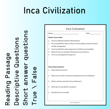 Inca Civilization | Reading Comprehension Passage Printable Worksheet